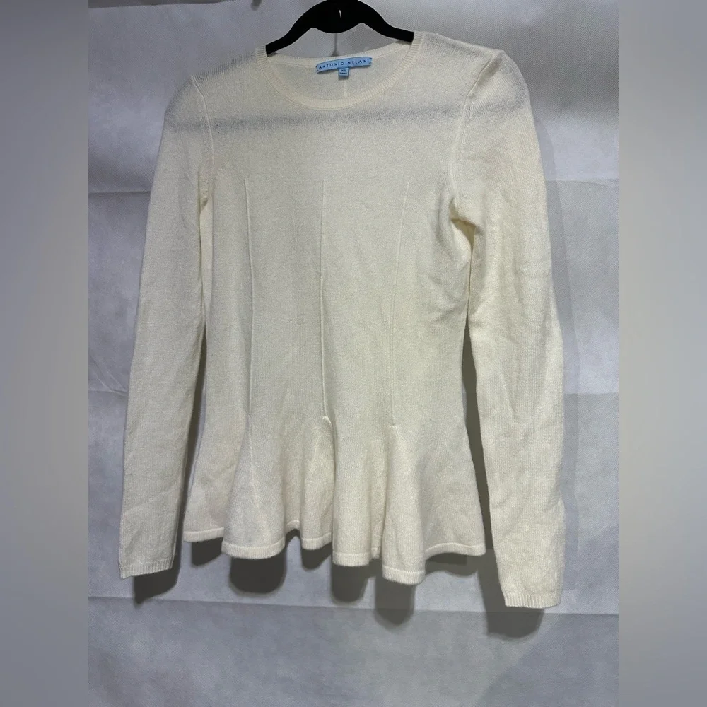 Antonio Melani Cream 100% Cashmere Peplum Hem Sweater Womens XS Quiet Luxury EUC